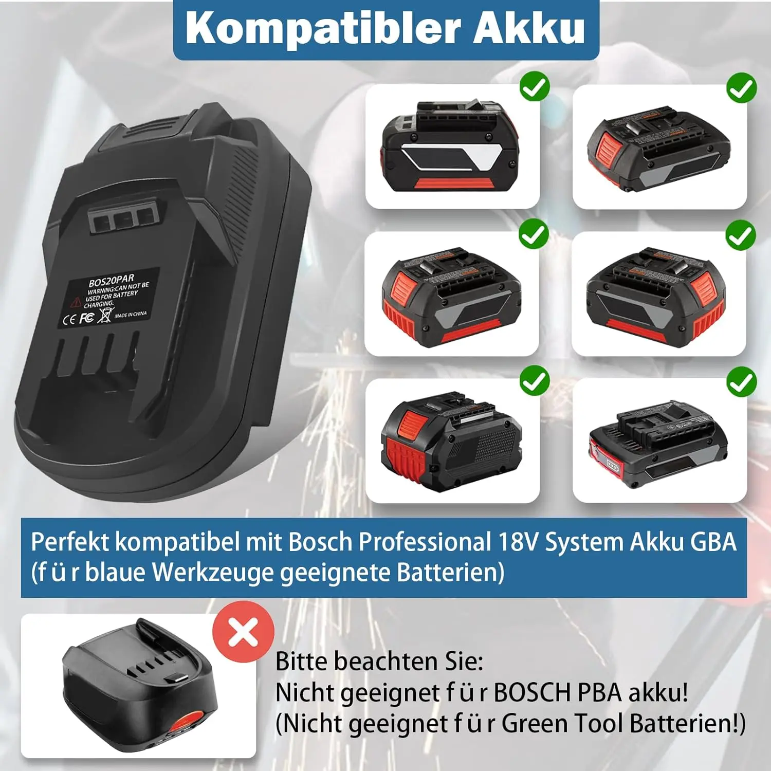 

Адаптер для аккумулятора Bosch BOS20PAR, предназначенный для преобразования литий-ионных аккумуляторов Bosch 18В в инструменты Parkside 20В (для беспроводных дрелей).