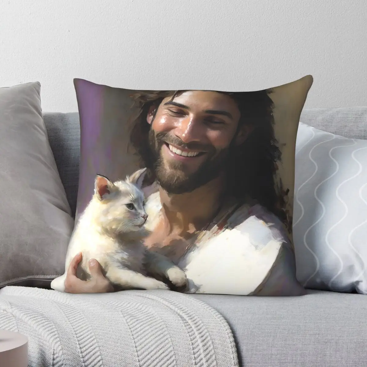 Jesus Christ Tender Joy Square Pillowcase Polyester Linen Velvet Creative Zip Decor Bed Cushion Case 18