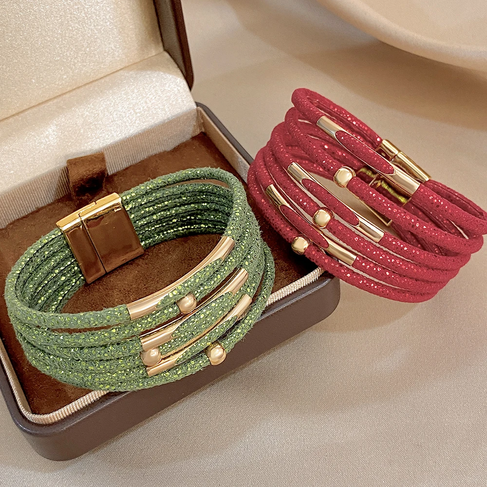 ALLYES Shiny Sequins Multilayer Wrap Leather Bracelet for Women Chunky Boho Tube Beads Wide Bangle Bracelets Charm Jewelry