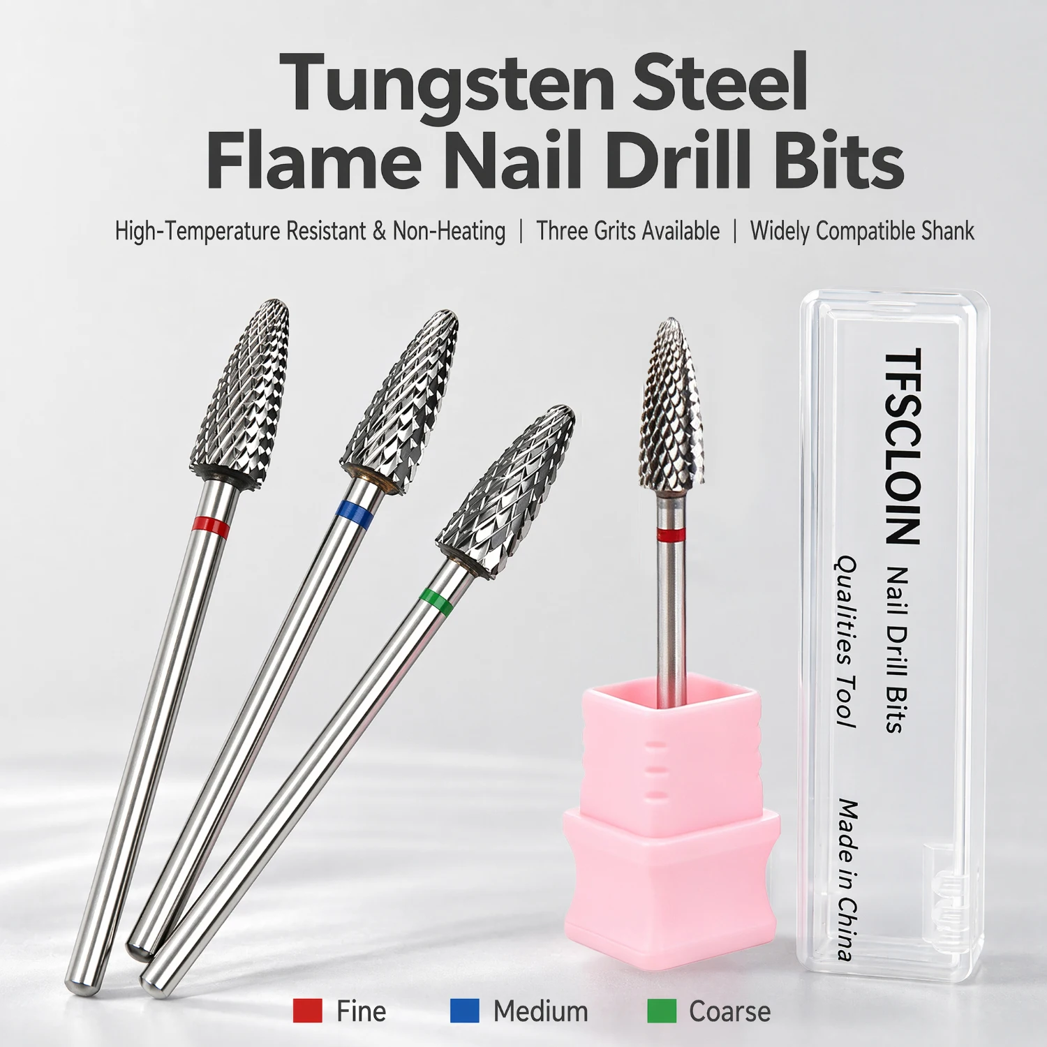TFSCLOIN Flame Tungsten Carbide Nail Drill Bits Set 3 Grits 2.35mm Universal Shank For Removing Acrylic Gel Nails Cuticle