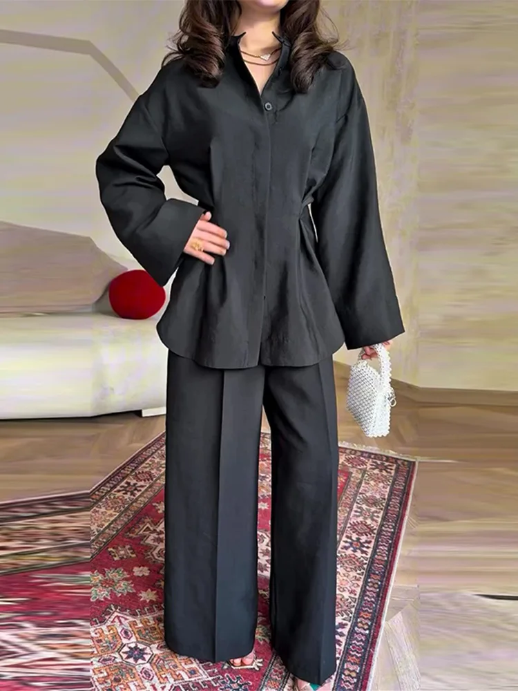 

Повседневный женский закрытый брючный костюм с длинными рукавами и пуговицами, плиссированные широкие брюки, женский комплект, 2025 г., модный женский комплект из 2 предметов