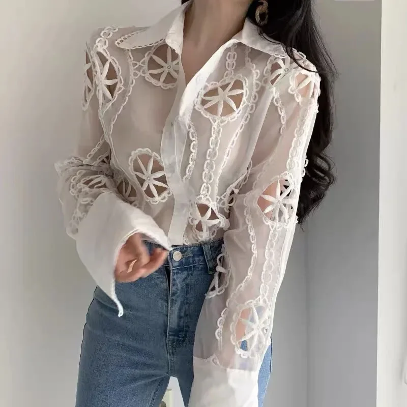 New Chic Mesh Hollow Out Women\'s Blouse Long Sleeve Embroidery Floral Women Shirts Button Up Woman Tops Streetwear Clothes 13369