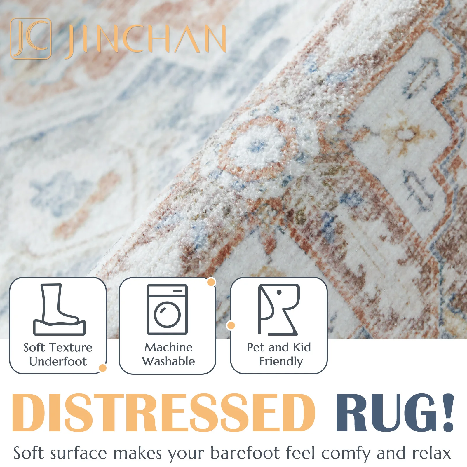 Vintage Persian Medallion Area Rug Blue Orange Grey Abstract Mat Living Room Bedroom Foyer Entry Study Office Dining Table Couch