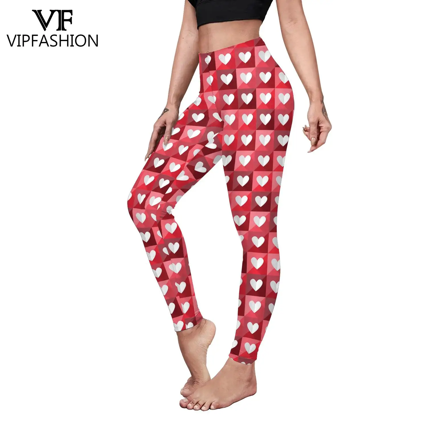 VIP FASHION Women Elasticity Leggings Valentines Day Love Heart Stripe Print Ladies Sport High Waist Workout Pant Female Leggins