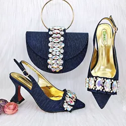 High Quality African Style Ladies Shoes And Bags Set Latest Navy Blue Italian Shoes Wtih Purse Bag Set For Dinner Party 9cm