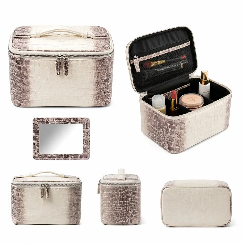 Cosmetic Storage Case Makeup Bag Crocodile Embossed Multiple Compartments Cosmetic Organizer Bag PU Leather Double Zipper