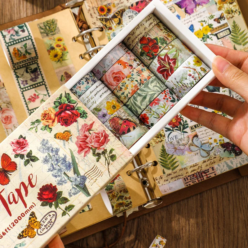 Kawai Classic Vintage Plant Washi Tape Gift Box Christmas Butterfly Flower Scrapbooking DIY Decorative Stickers Set lovely