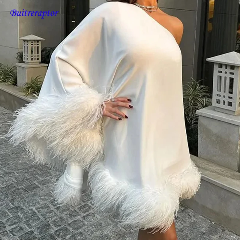 Fashion Feather Spliced Slanted Collar Mini Dress Women Sexy Single Shoulder Backless Loose Vestido Elegant Lady Party Club Gown