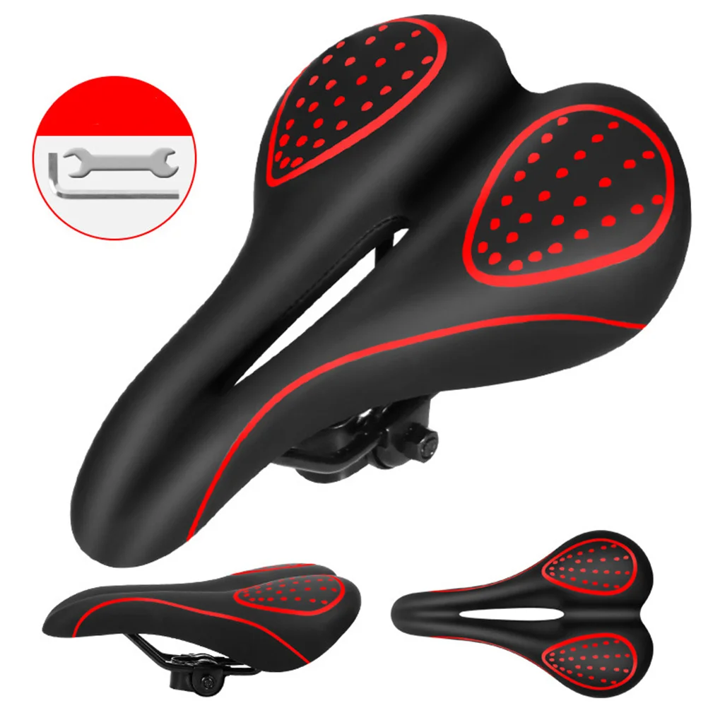 سرج دراجة من السيليكون، تصميم مريح ومسامي، ملحقات ركوب الدراجات الربيعية السميكة باللون الأسود والأحمر