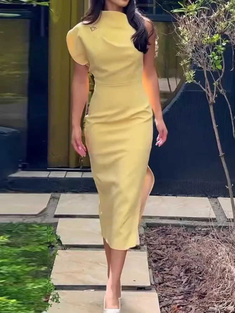 Elegant Office Lady Solid Straight Party Dress Spring Crew Neck Hollow Side Split Boho Dress Women Slim Bodycon Hips Dress Mujer