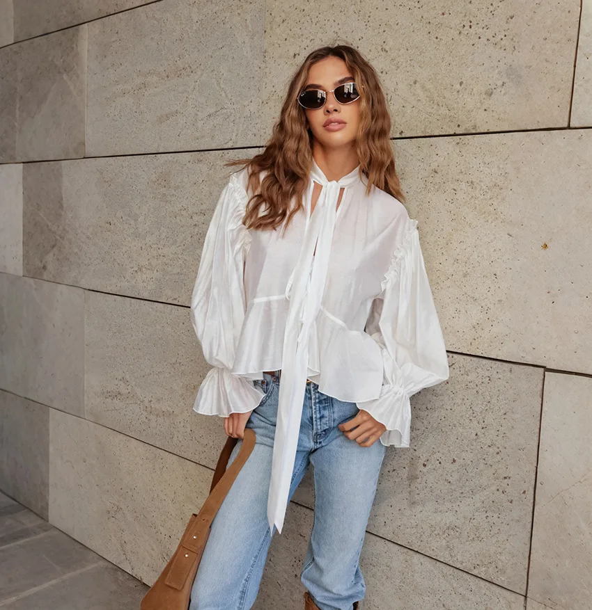 Autumn New Puff Sleeve Loose Lace-up Shirt 2025 European and American Fashion Top Women