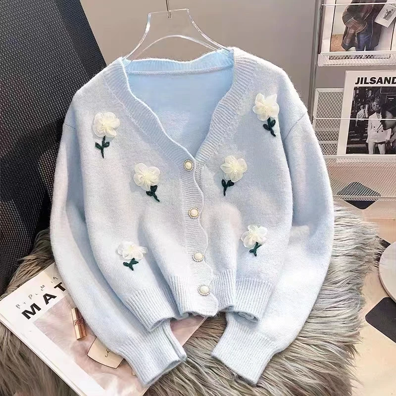 

New Korean Fashion Sweet 3D Flower V-neck Sweater for Women Autumn Loose Knitted Tops Cardigans Coat Elegant Knitwears 29019