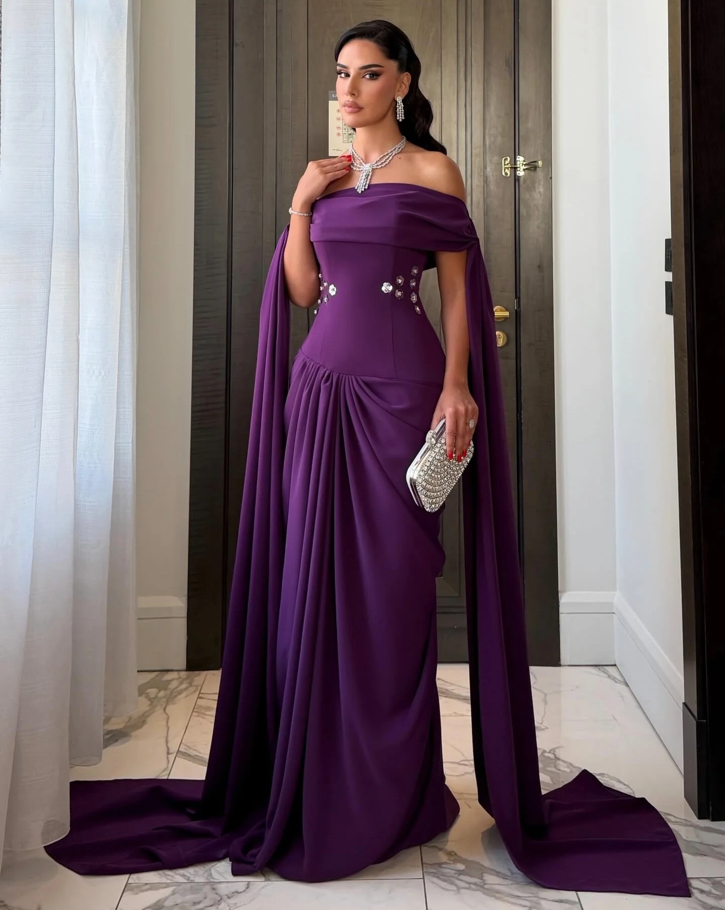 Luxury Formal Off Shoulder Prom Dress Crystal Beading Draped Mermaid Evening Dresses Sweep Train Wedding Dresses Customized