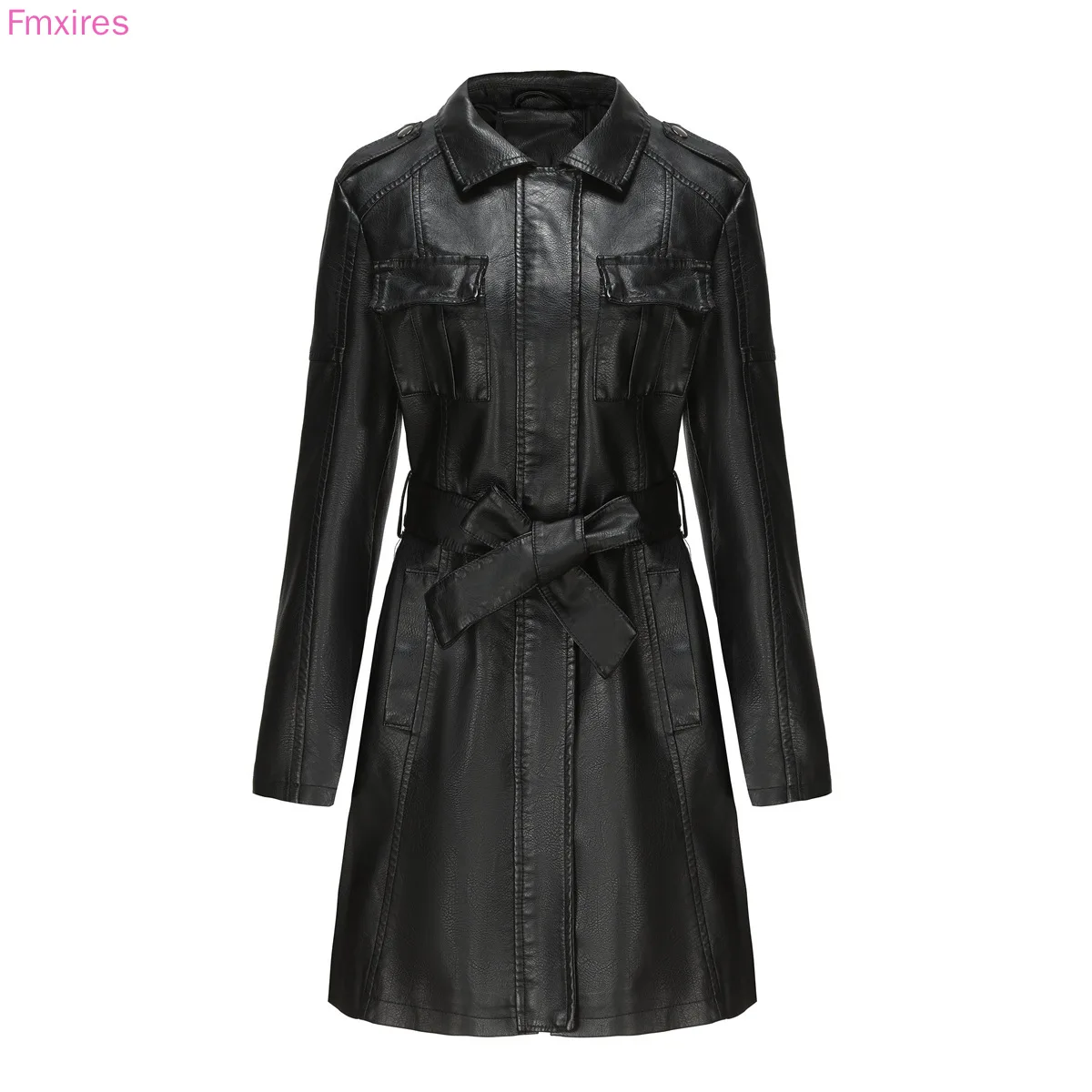 New Section of Medium-length Women\'s Leather Jacket with Belt Spring and Autumn Long-sleeved Leather Trench Coat Fashion England