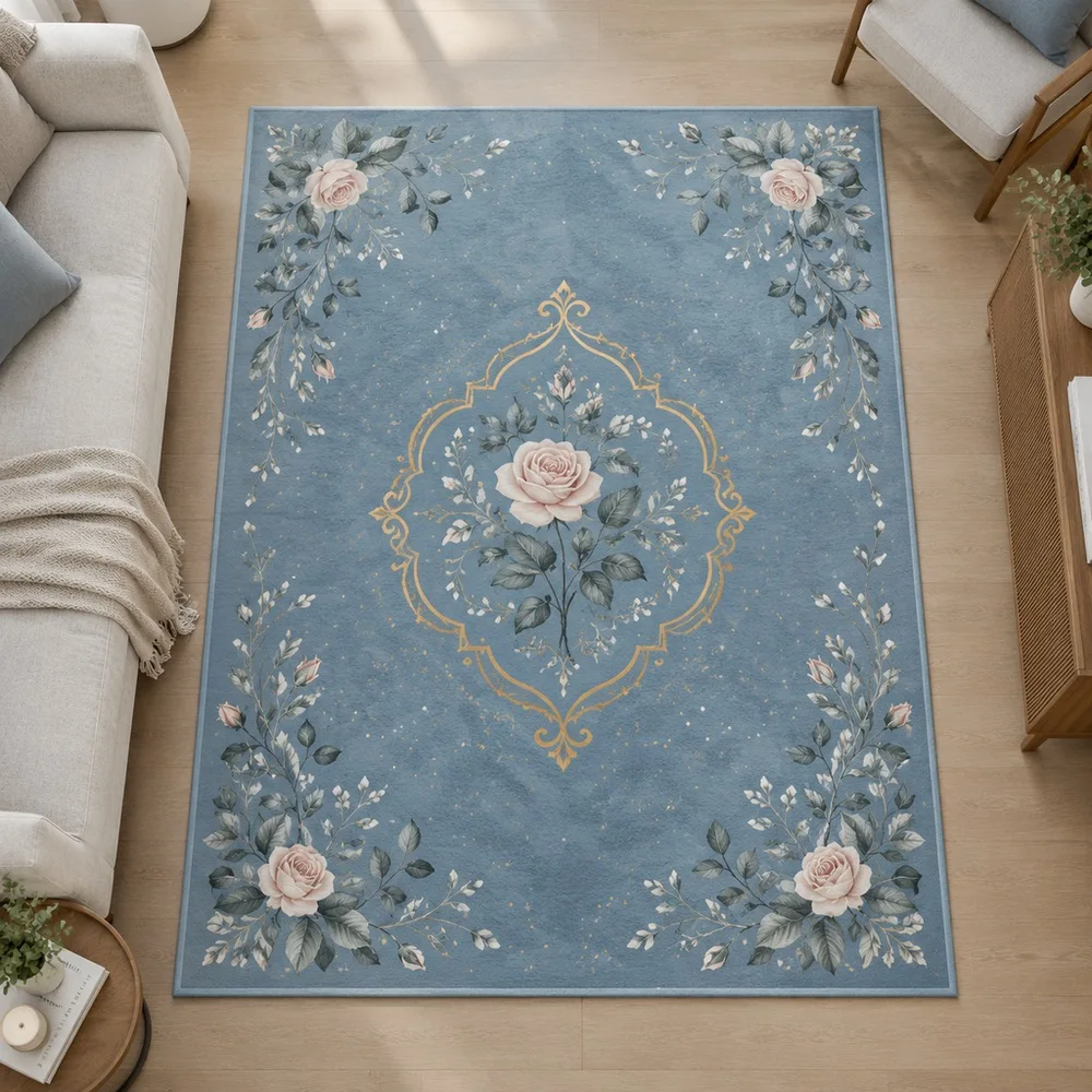 VIKAMA Living Room Rug Haze Blue Single Rose Botanical Sketch Bedroom Dining Room Balcony Front Door Modern Home Decor