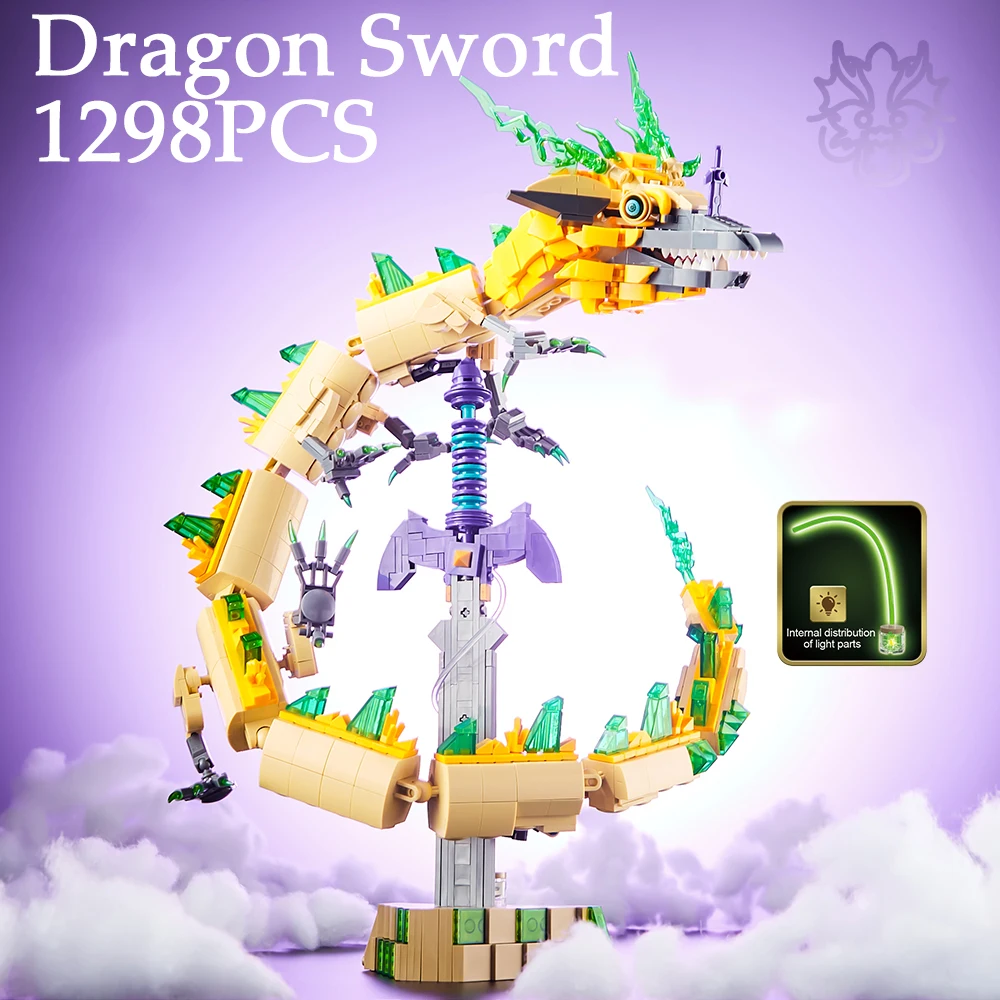 

1298PCS Dragon Sword MOC Building Blocks With Light Game Weapon Bricks Model Desktop Display Ornaments Holiday Gifts Kids Toys