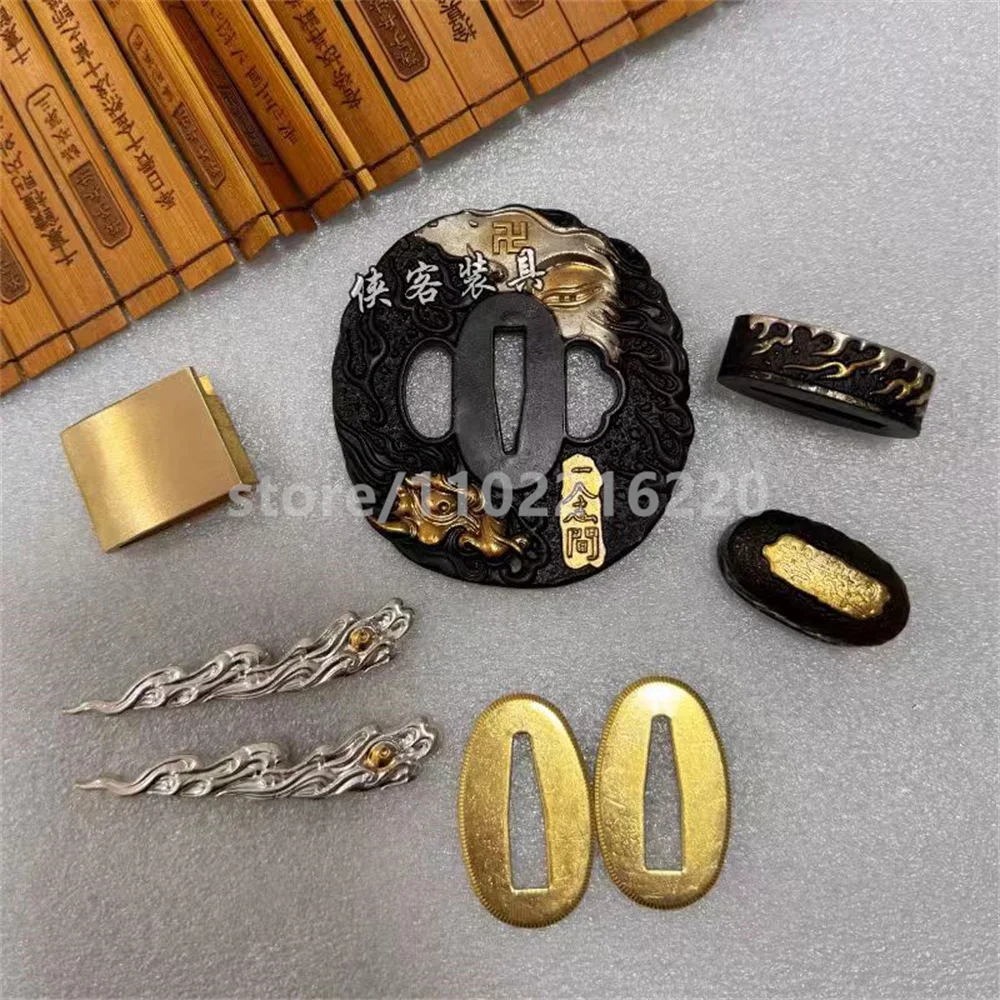 Set Good Brass Glod Plated Silver Tsuba Handguard Fuchi Kashira Menuki Habaki Seppa For Real Japan Samurai Katana Sword Fittings