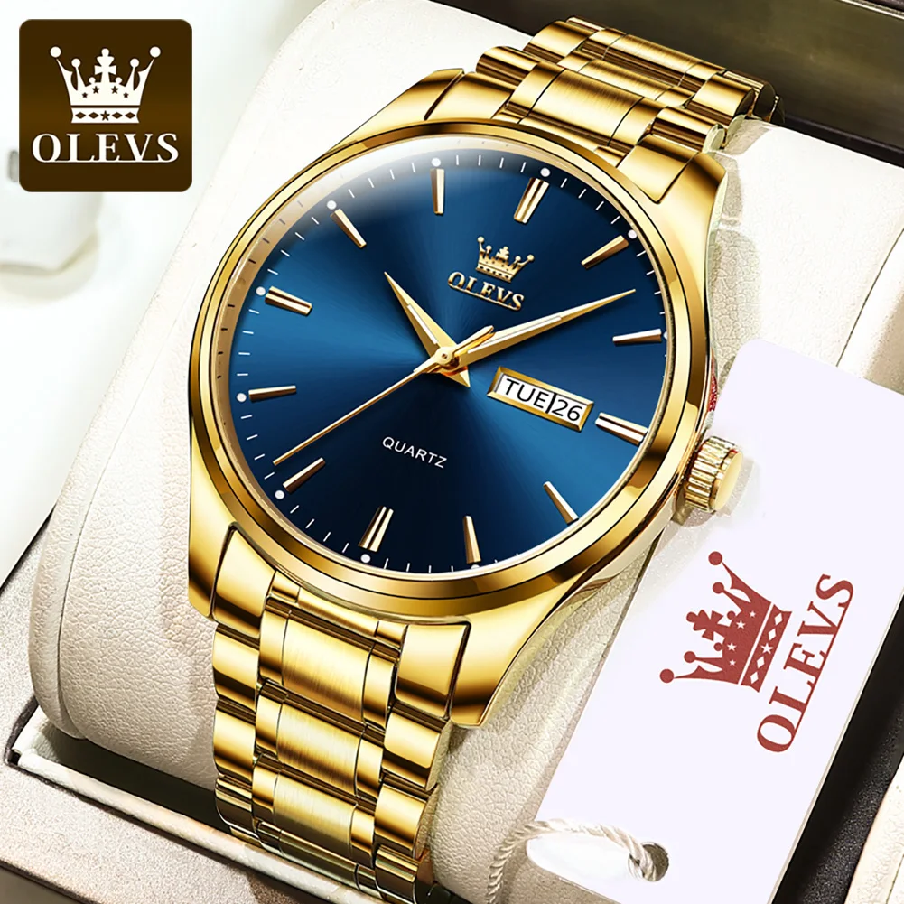 OLEVS Classic Gold Wrist Watches For Top Brand Luxury Business Date Waterproof Luminous Stainless Steel Men Quartz Wristwatch