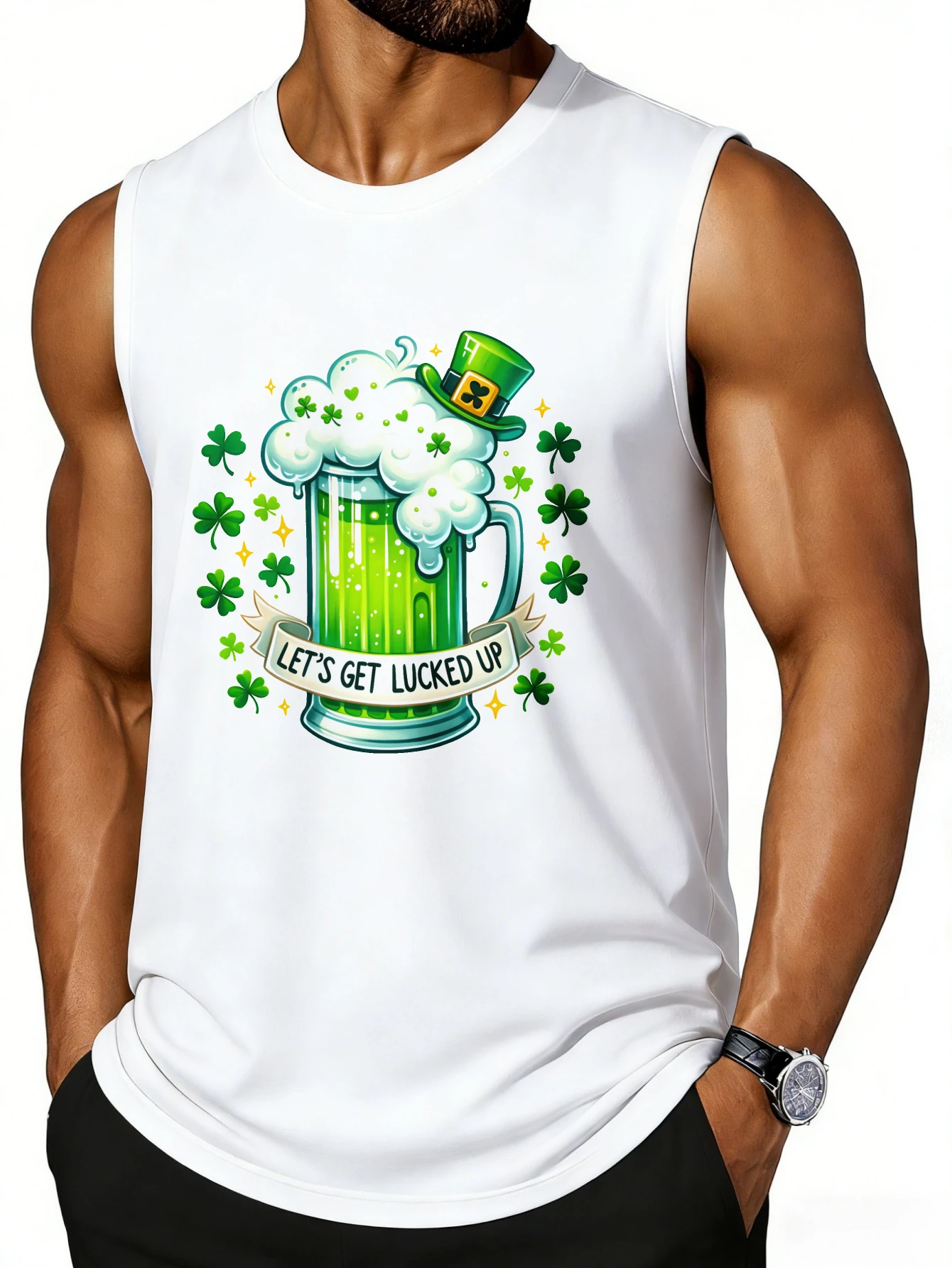 CLOOCL Green beer patterned vest with hat and clover print for men's summer casual top, St. Patrick's Day gift
