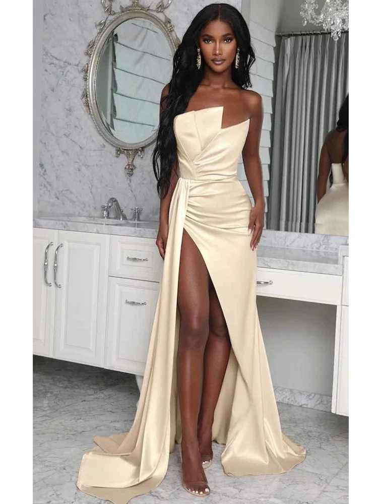 

Elegant Party Dresses Woman Satin Sheath/Column Prom Dress Champagne Lrregular Collar Type Side Split Draped Pleat Evening Dress