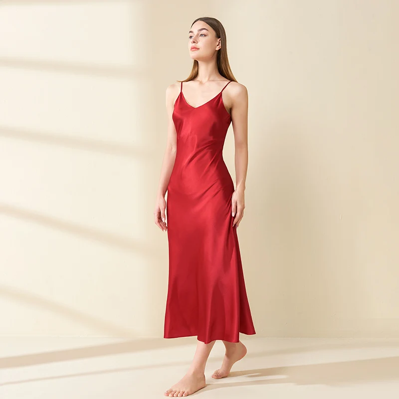 

Real Silk Long Slip Dresses Sexy 100% Mulberry Silk Camisole Evening Dress V Neck Maxi Nightgown Sleeveless Pajama Loungewear PJ