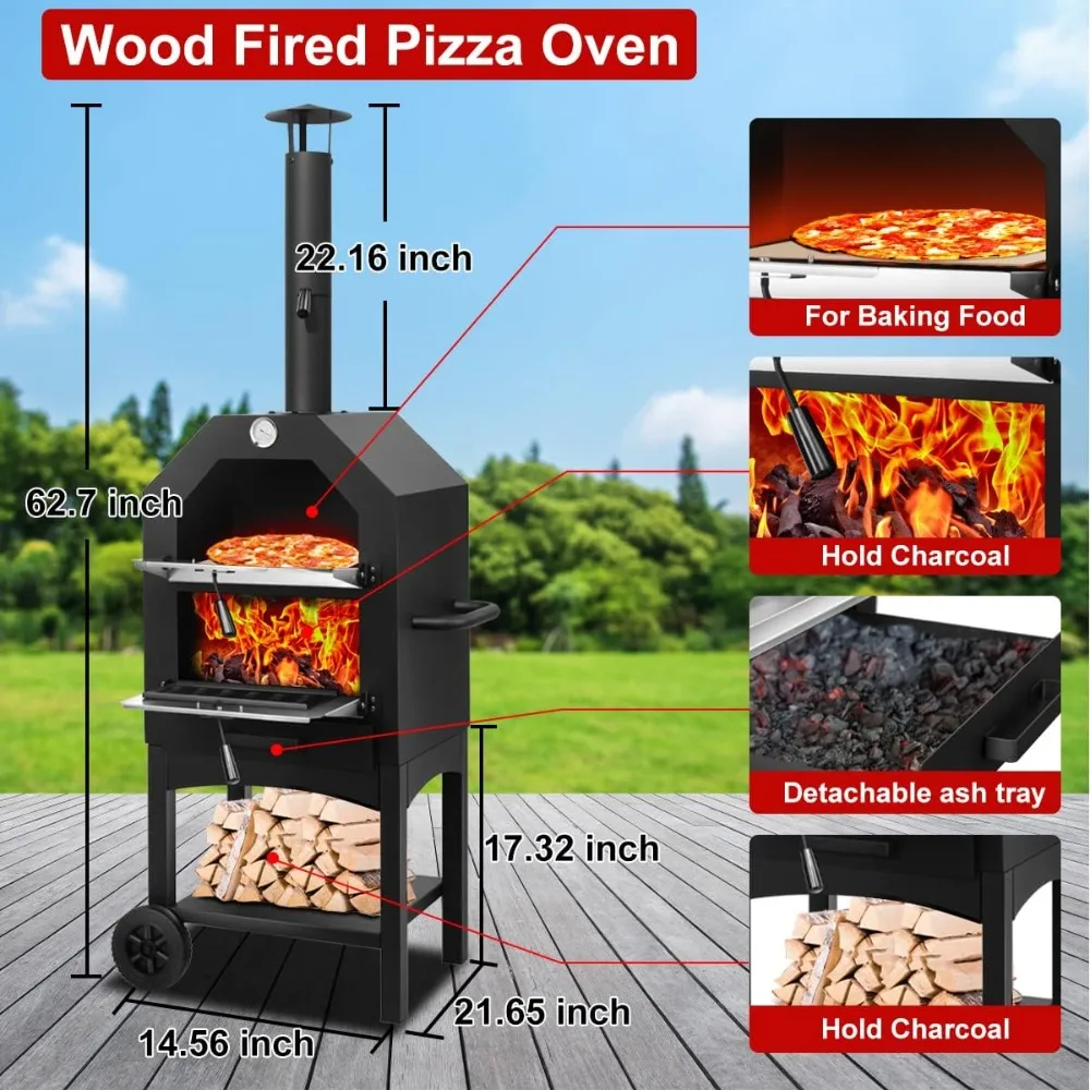 EDOSTORY Outdoor Pizza Oven, Wood Fired Pizza Oven for Outside, Patio Maker with Stone, Peel, Grill Rack