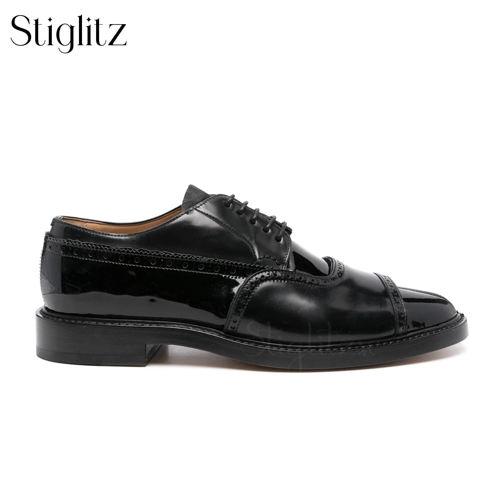 Tabi-Toe Brogues Black Leather Spite Pointed Toe Leather Shoes Front Lace-Up Fastening Dress Shoes Men Low Stacked Heel Footwear