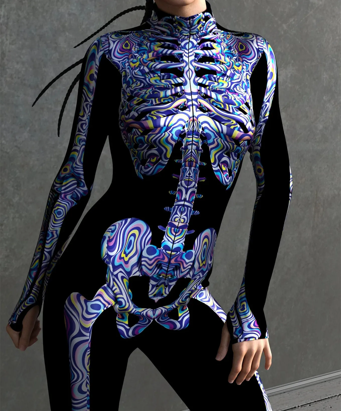 Halloween Skinny Damen Bedruckter Bunter Totenkopf Cosplay Jumpsuit Cyberpunk Zentai Anzug Karnevalsparty Aerial Performance Bodysuits – Detail 35