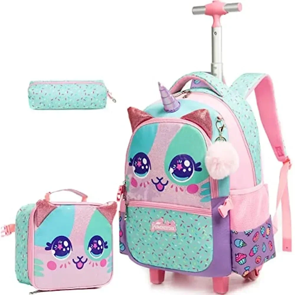 3PCS Cute Rolling Backpack for Girls Backpacks with Wheels for Elementary Students Kids 3 in 1 Travel Luggage Carry on Suitcase