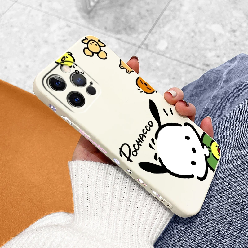 Pacha Dog Sanrio Cartoon Liquid Left Rope For Apple iPhone 15 14 13 12 11 XS XR X 8 7 SE Pro Max Plus Mini Funda Phone Case