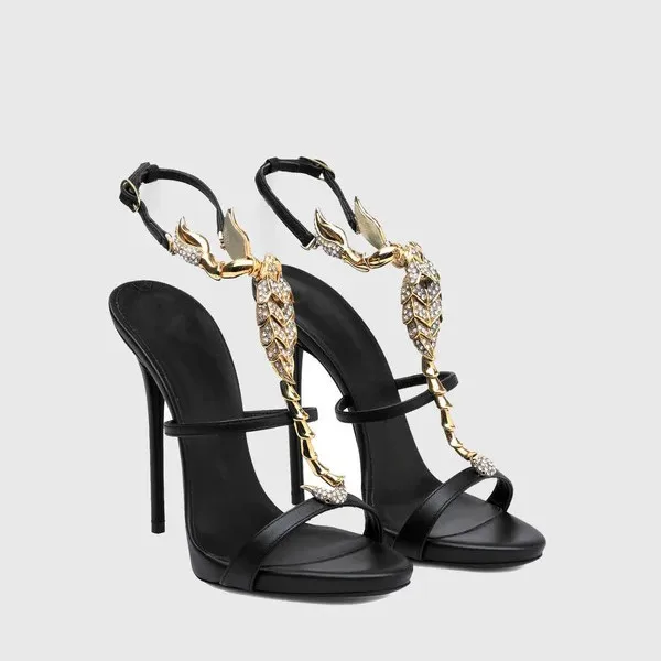 Sexy Schwarz Bling Strass Metall Dekoration Runde Kappe Sommer Frauen Sandalen Stiletto High Heels Schnalle Große Größe Schuhe