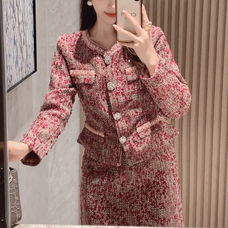 Streetwear Elegant Red Tweed 2 ชิ้นชุดผู้หญิงรันเวย์ออกแบบเสื้อแขนยาวและกระโปรง Lady Holiday Party Chic กระโปรงชุด