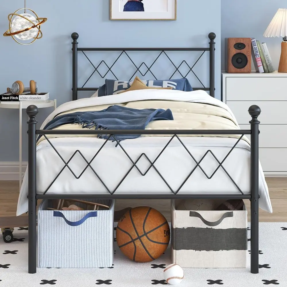 

Black Metal Twin Bed Frame with Headboard, Footboard, and Underbed Storage - No Box Spring Needed, Easy Assembly