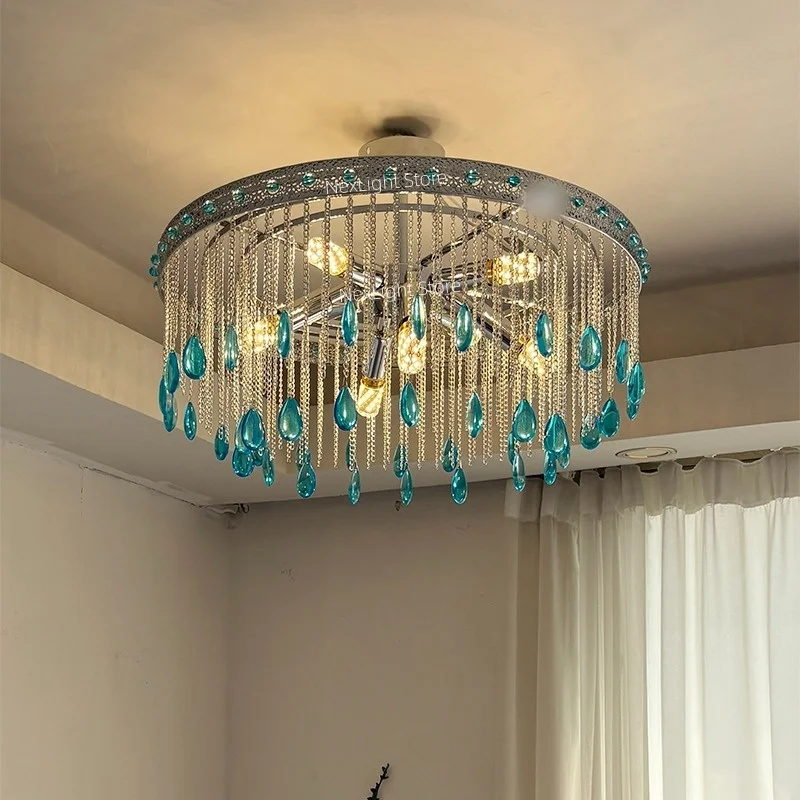 

French medieval light luxury blue crystal chain pendant light American living room dining room bedroom new lighting fixtures