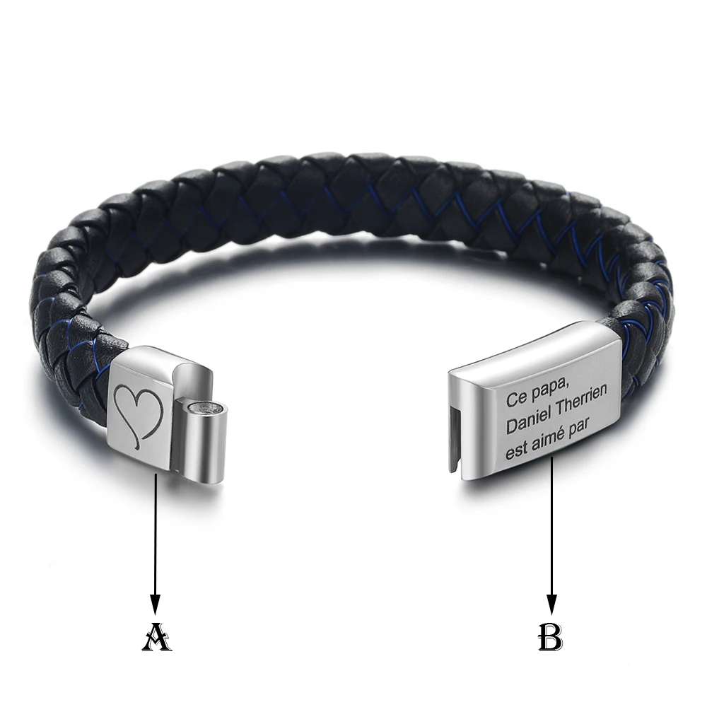 Custom Engrave Name Braided Leather Bracelet Black Stainless Steel Magnet Buckle Woven Bracelets for Man Father's Day Gift view 3