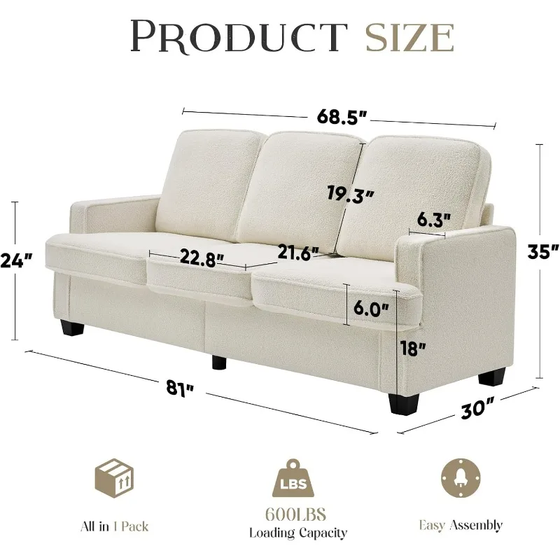 Couches for Living Room, 82” Spacious Deep Seat Sofa for Living Room/Bedroom/Office/Apartment, Sofa Bed for Small Spaces, Detach