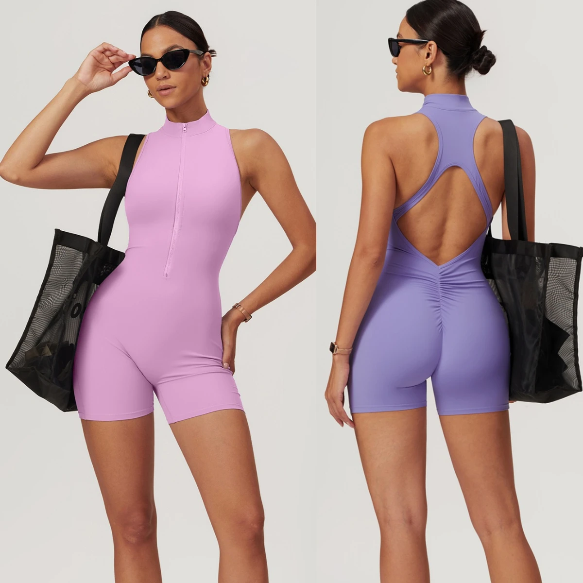 

Zipper Jumpsuit Shorts for Women High Neck Yoga Bodysuit Scrunch Butt Gym One-piece Fitness Suit Padded Activewear