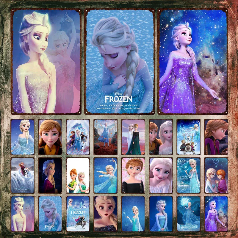 Frozen Disney Metal Signs Elsa and Anna Metal Poster Magic Girls Metal Cartoon Plaque Tin Signs Plate for Girl's Room Decoration