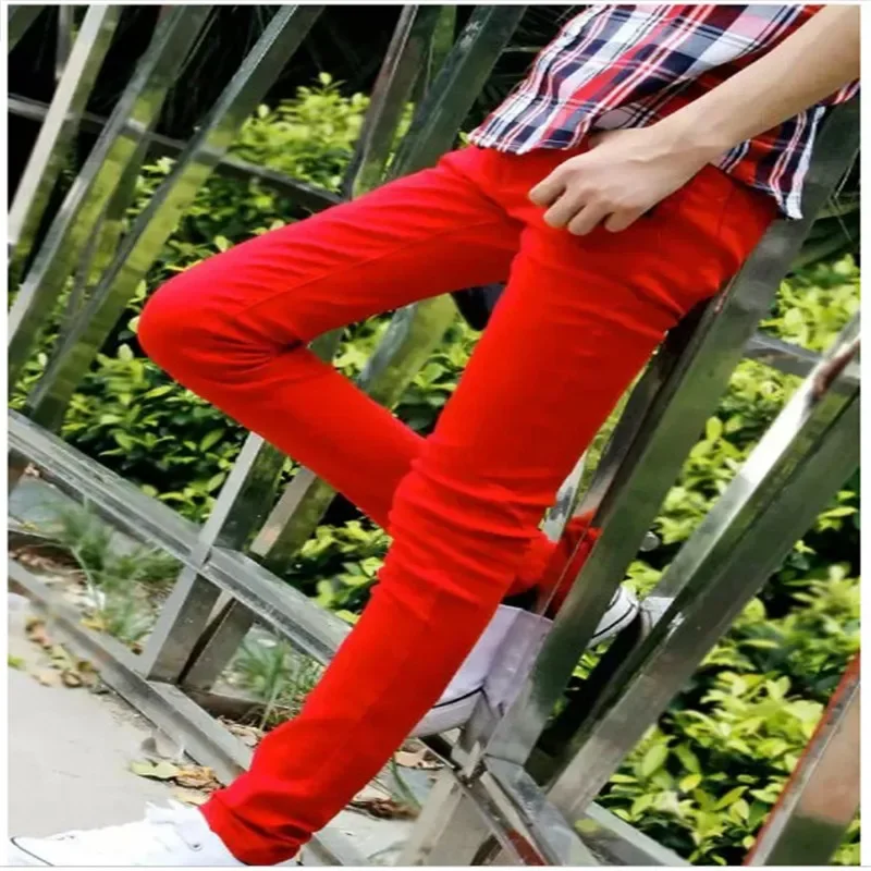 Hot Fashion summer solid cotton jeans men Red teenagers pantalon homme skinny male leisure boy sweatpants hombre two color