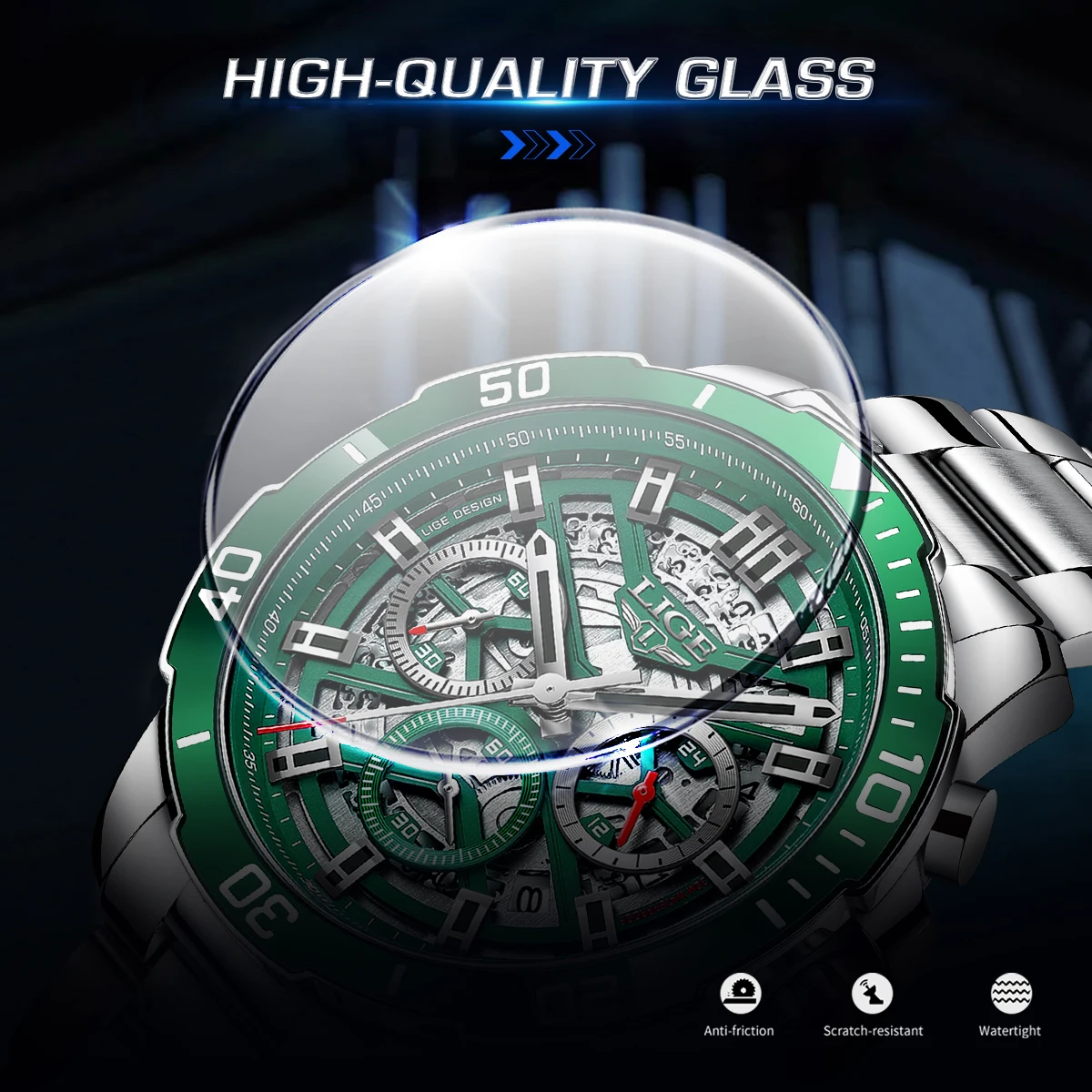 Reloj LIGE con diseño de esqueleto creativo para hombre, moda de lujo, informal, de negocios, banda inoxidable, resistente al agua, relojes de cuarzo con fecha para hombre + caja