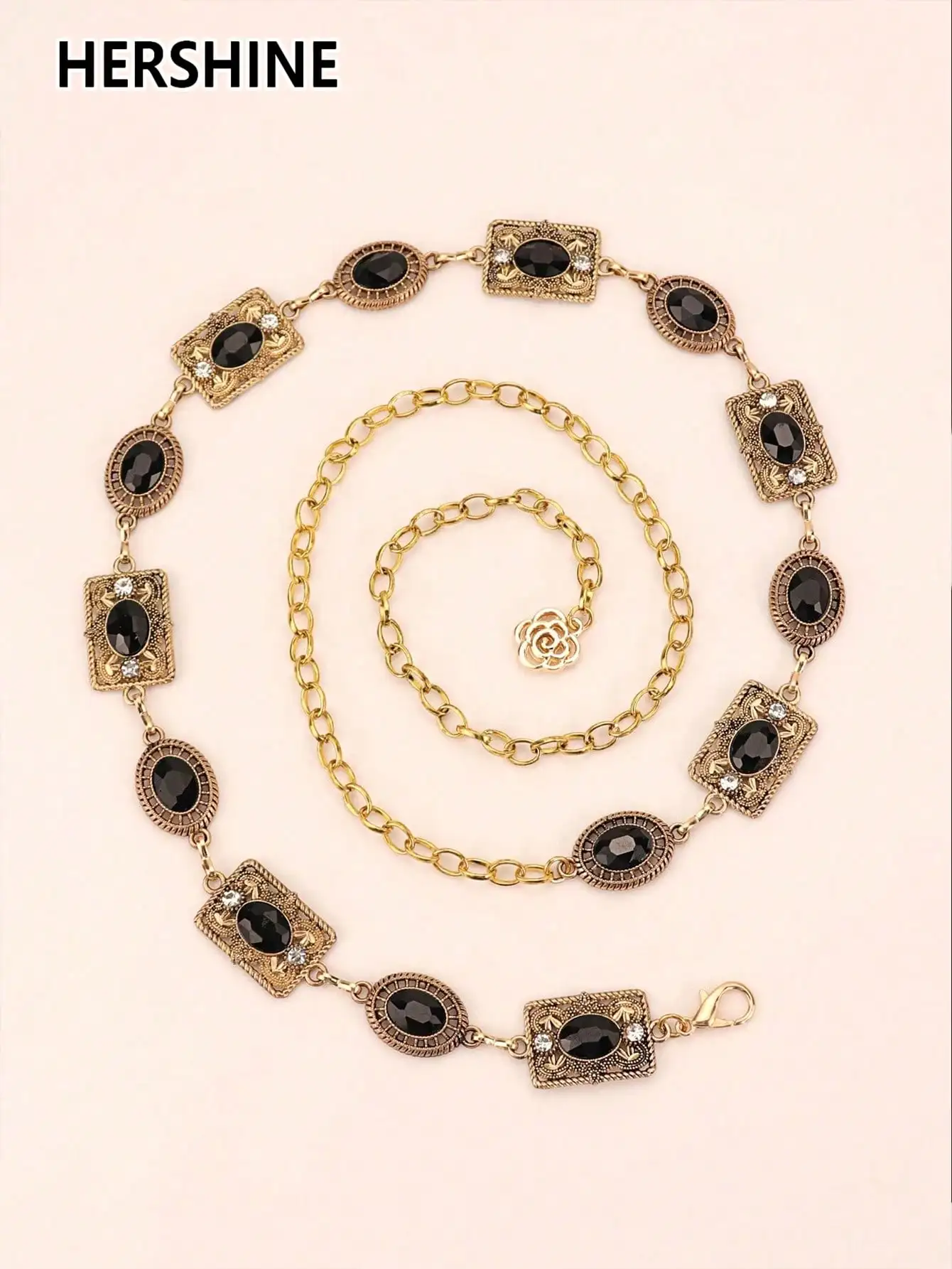 HERSHINE Damski modny łańcuszek na talię z ażurowym wzorem i czarnymi cyrkoniami, akcesoria do sukienek w stylu boho retro na Boże Narodzenie
