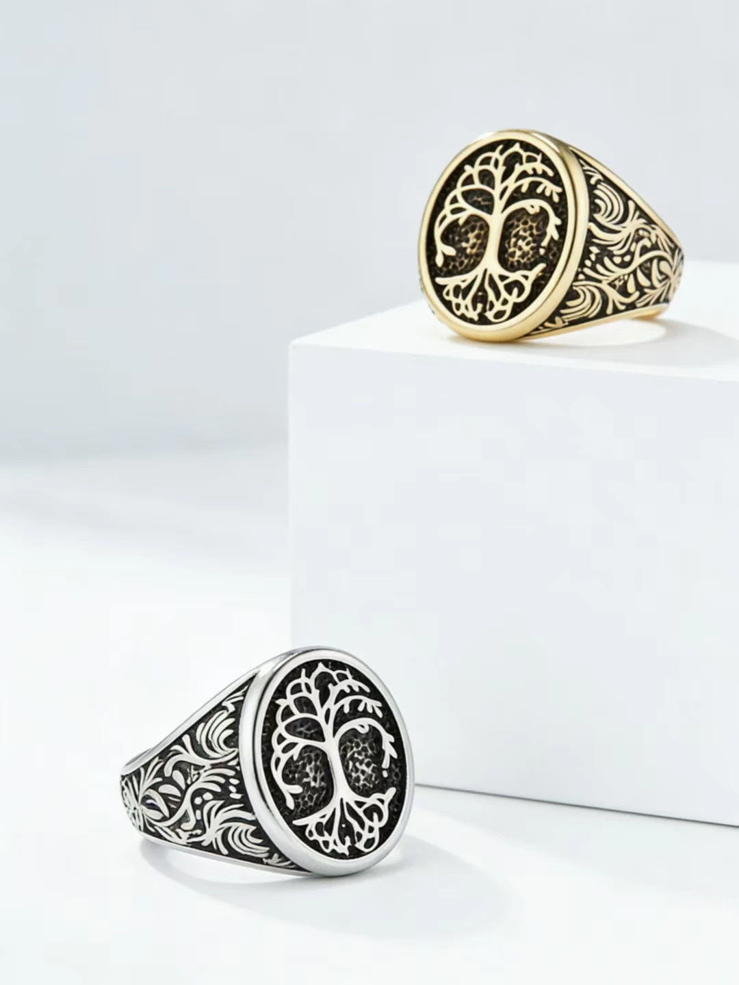 

Tree of Life Vintage Totem Ring for Men, European and American Style, Antique Carved Ring, Titanium Steel Gold-Plated, Trendy