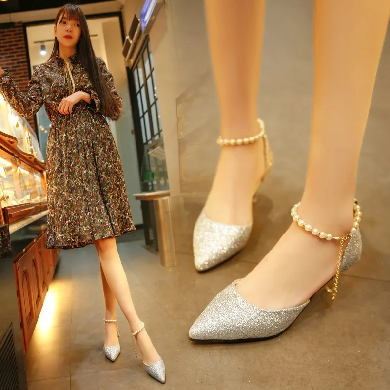 Pop Nice Sexy Pointed Toe Wedding Bride High Heels Shoes Female Low Small Heel Sandals Party Office Gold Silver Women Pumps