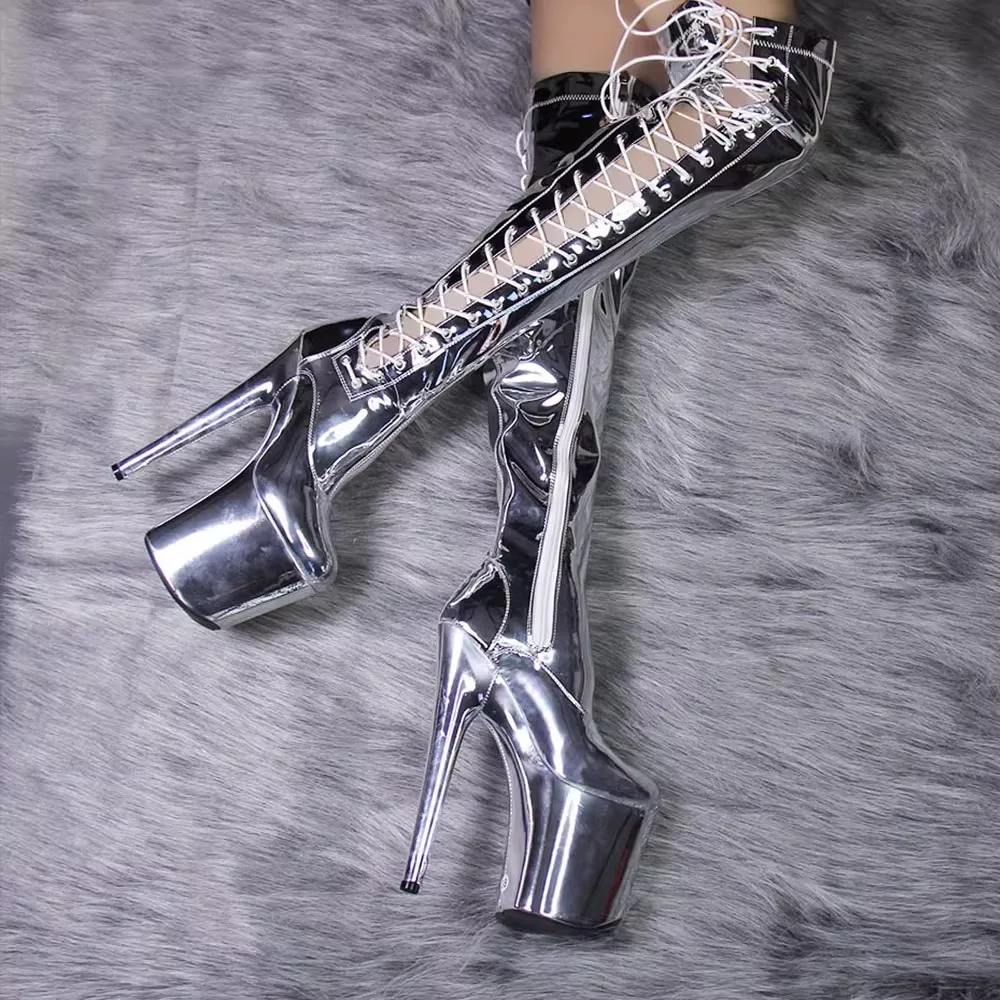 

New 20CM sexy knee high electroplated high-heeled boots pole dance Shoes hot selling performance Follow closely high heels