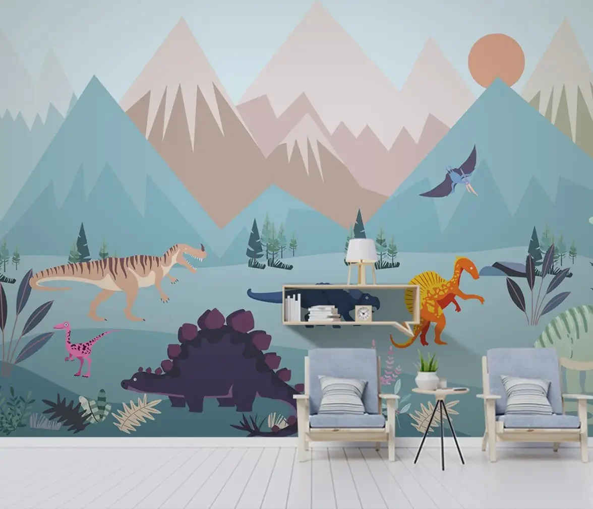 

Обои с изображением динозавров и мультяшных животных для гостиной, фон для телевизора, фотообои, 3D наклейки на стену