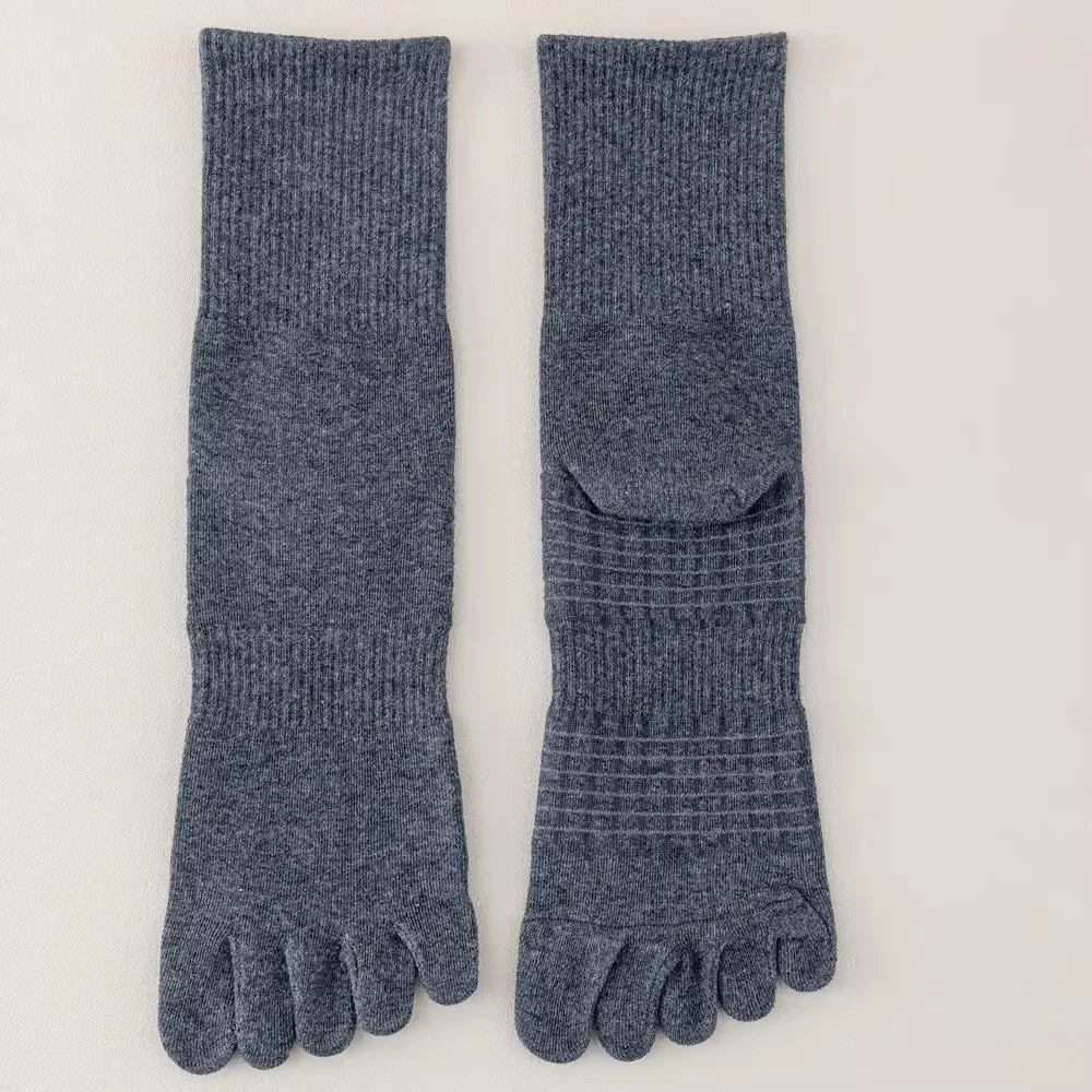 

1 Pair Mid Crew Five Finger Socks Solid Color Moisture Wicking Toe Socks Odor Control Thick Cushioned Sports Socks