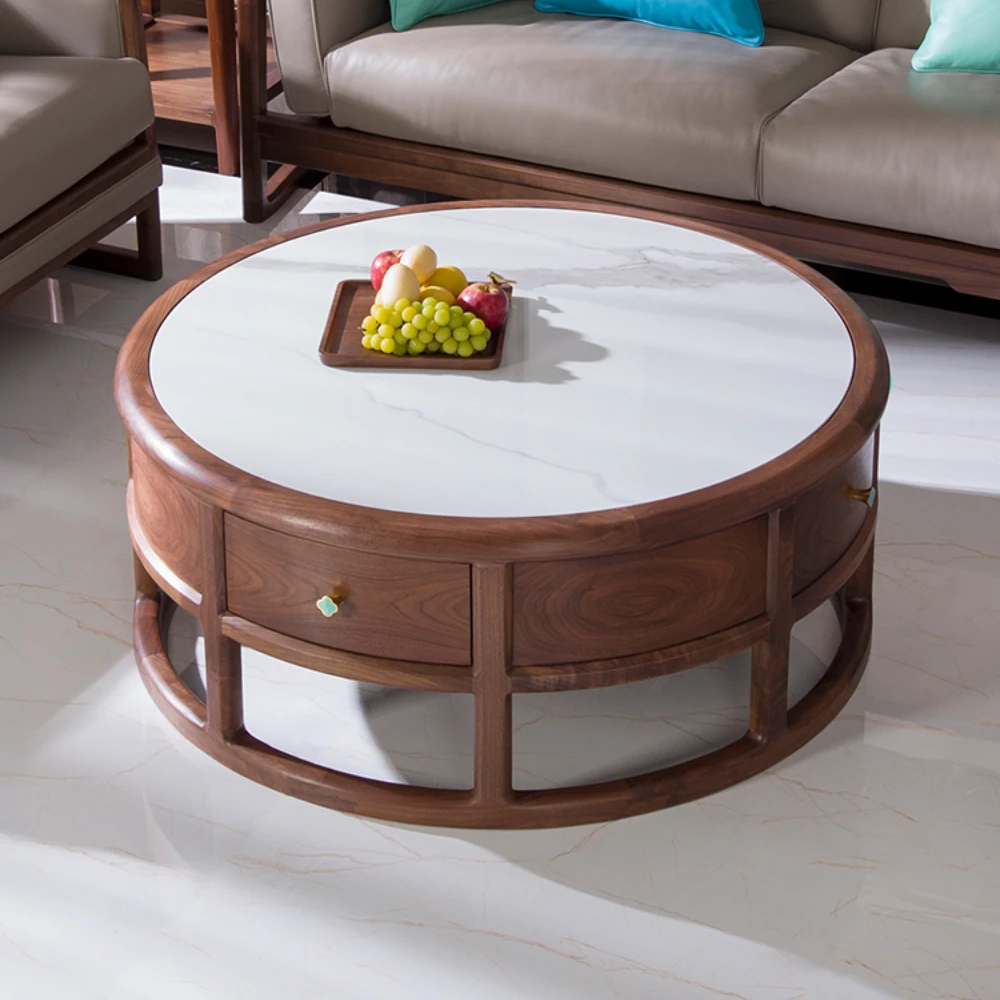 Living Room Home Slate round Table New Chinese Style Black Walnut Solid Wood Light Luxury