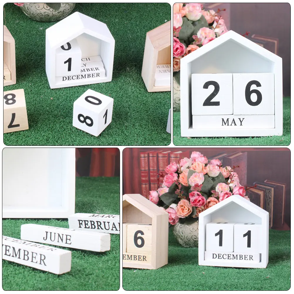 

Wood Block Calendar for Desk Reusable Table Calendar Ornament Chic Unique Design Home Office Decor Vintage Style Day Month