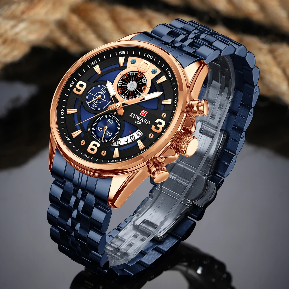 REWARD New Mens Watches Stainless Steel Luxury Waterproof Chronograph Luminous Wrist Watch Fashion Men Sports Quartz Watch