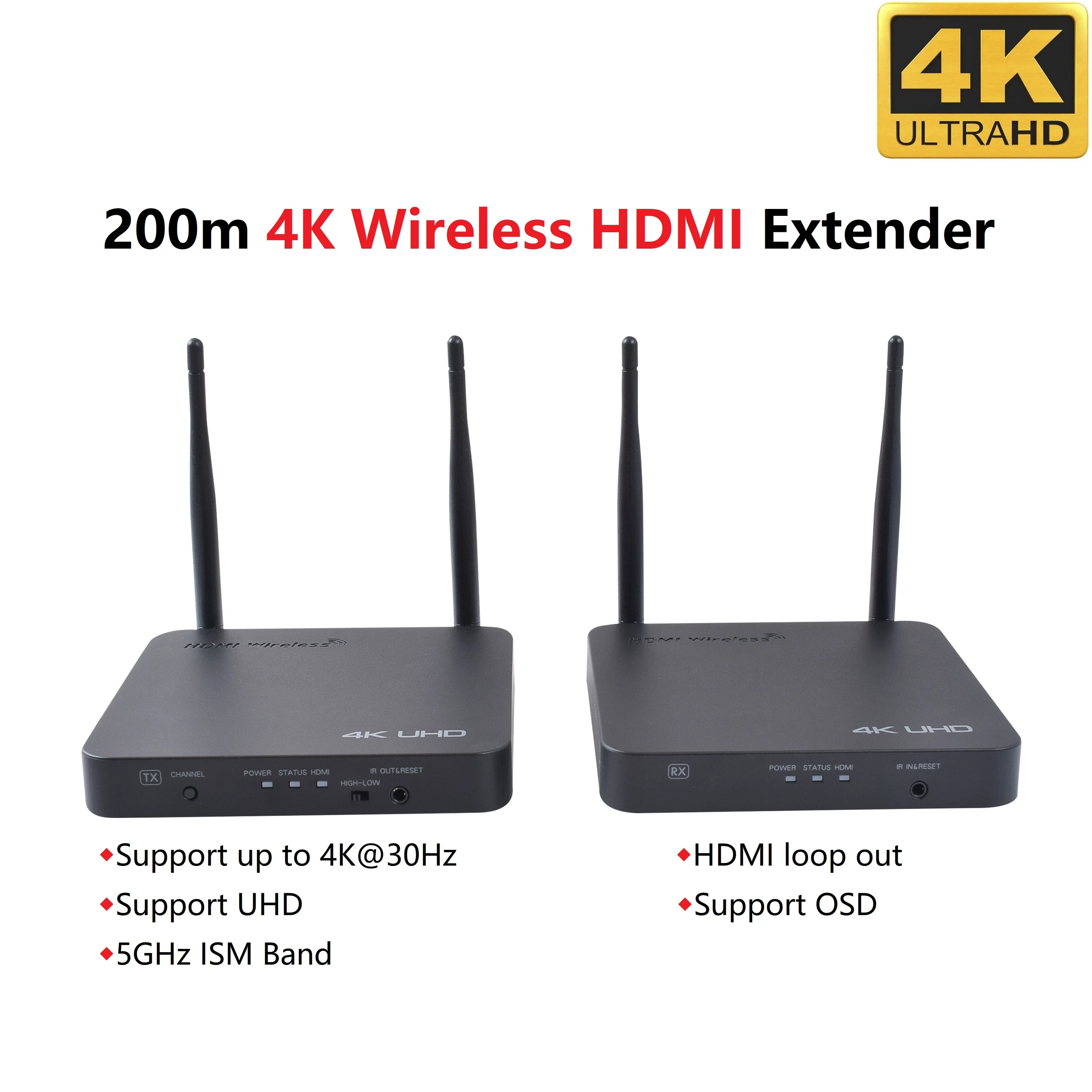 

4K Wireless HDMI Transmitter and Receiver Loopout UHD HDMI Extender Up to 200m 656 Feet for CCTV DVD Camera